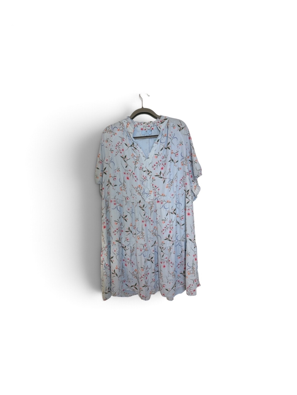 CeCe NWT Light Blue Floral Tiered Midi Dress 3X Short Sleeve Split Neck Cottage
